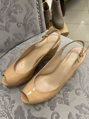 Stuart Weitzman Patent Nude Peep-Toe Cork Wedge Slingbacks